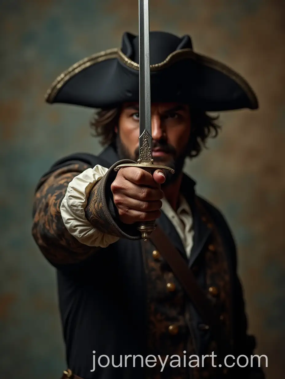 Musketeer-Pointing-Sword-at-Camera-in-Dramatic-Stance