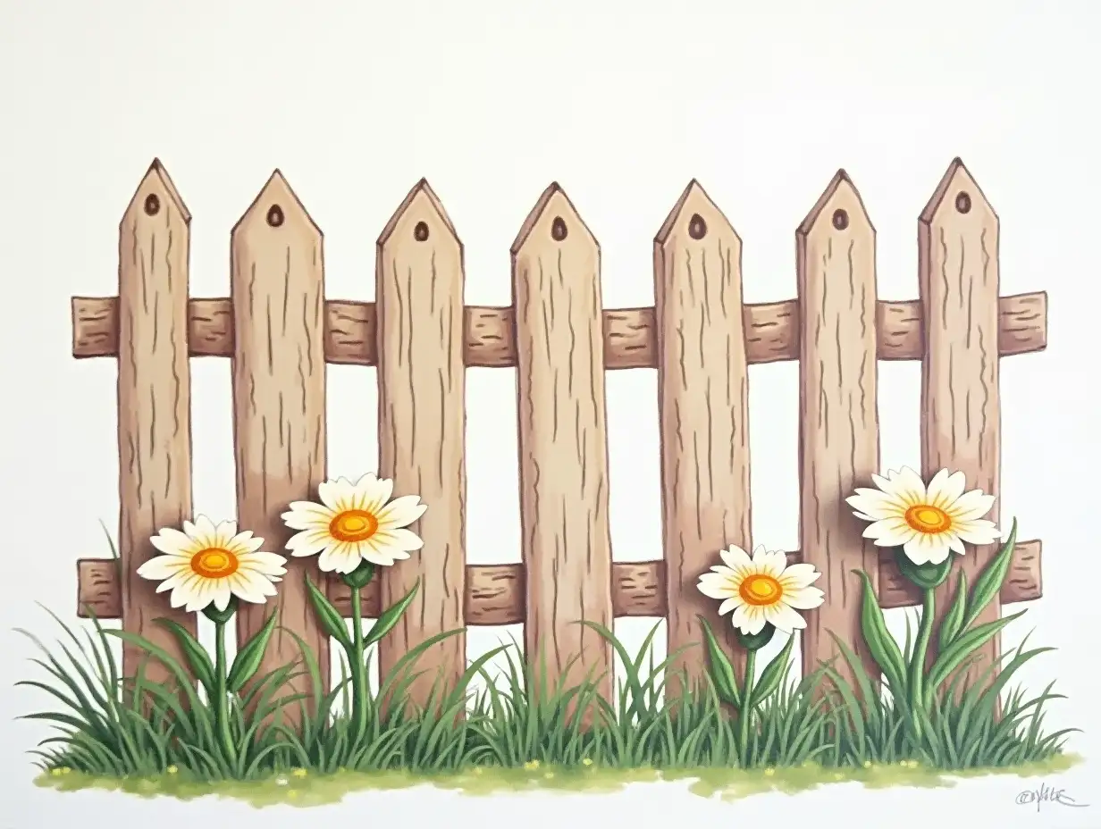 Please create an image of a painting on a white wall. This should depict a wooden fence with grain. Delicate flowers should be painted in front of it. The motif should also be easy for less experienced painters to create