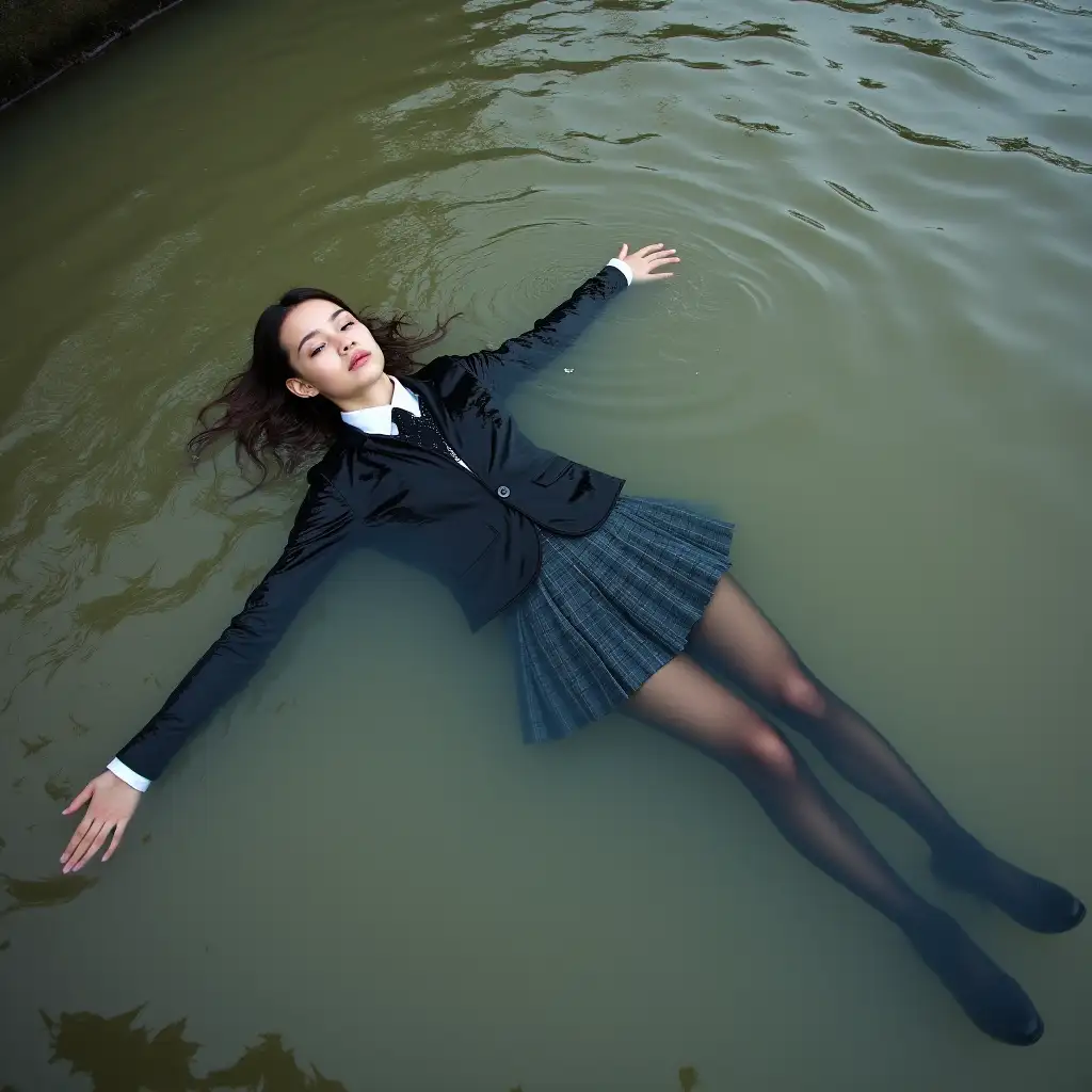 A young schoolgirl in a school uniform, in a skirt, jacket, blouse, dark tights, high-heeled shoes. She is swimming in a dirty pond, lying under water, all her clothes are completely wet, wet clothes stick to her body, the whole body is under water, submerged in water, under the surface of the water, below the water's edge.