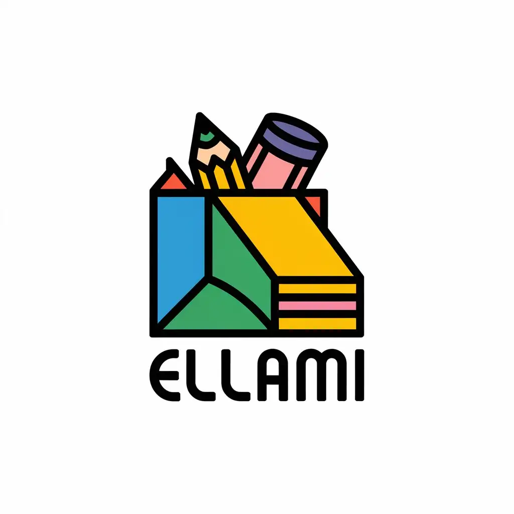 LOGO Design for Ellami Creative Retail Brand with Bag Pencil and Crayon Symbols