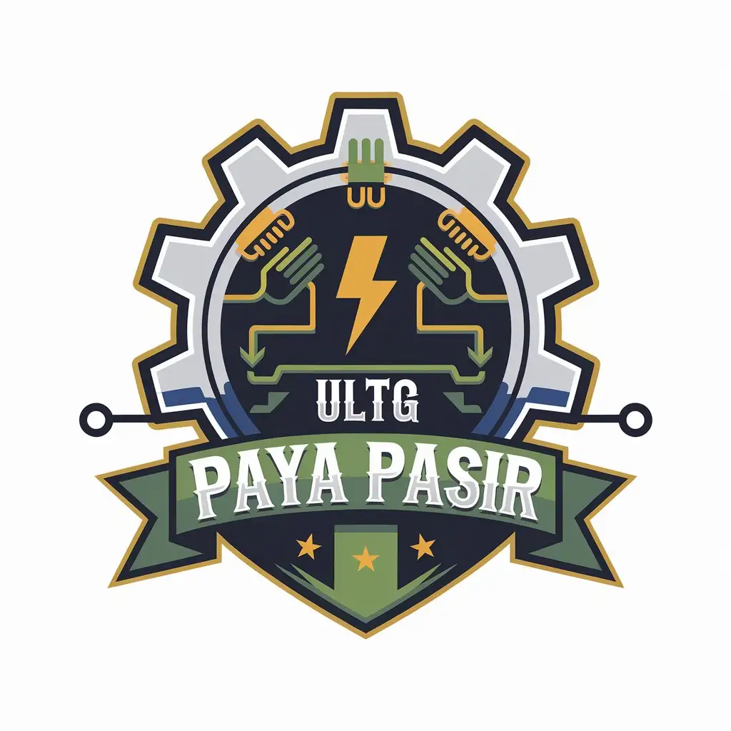 a vector logo design,with the text "ULTG PAYA PASIR", main symbol:Use gears or machine icons to symbolize the industrial process, Combine elements such as lightning or power cables to represent generation and energy transmission, Include circles or interconnected hands to represent teamwork and collaboration, Use arrows or lines that indicate movement or evolution, indicating growth and transformation, Shields or checkmarks can represent safety and reliability, Strong and stable foundations or structures can represent stability and dependence,nGreen: Safety and reliability.nBlue: Trust and teamwork.nYellow/Orange: Energy and innovation,Moderate,be used in Technology industry,clear background