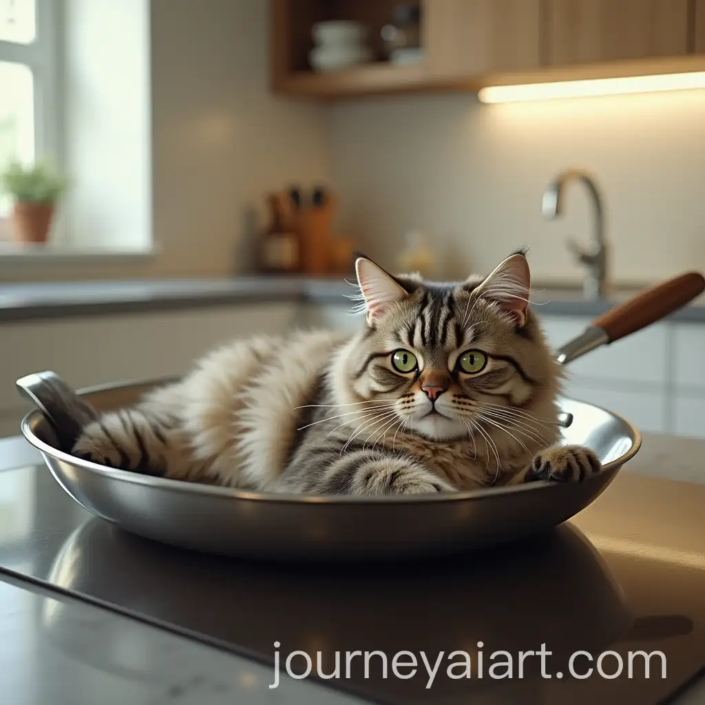 Fluffy-Tabby-Cat-Lounging-on-Shiny-Stainless-Steel-Frying-Pan