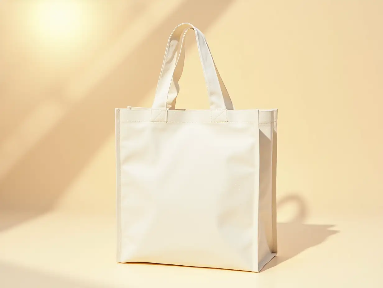 A square sale bag laying down with a cream color  textile background a sun bending through it