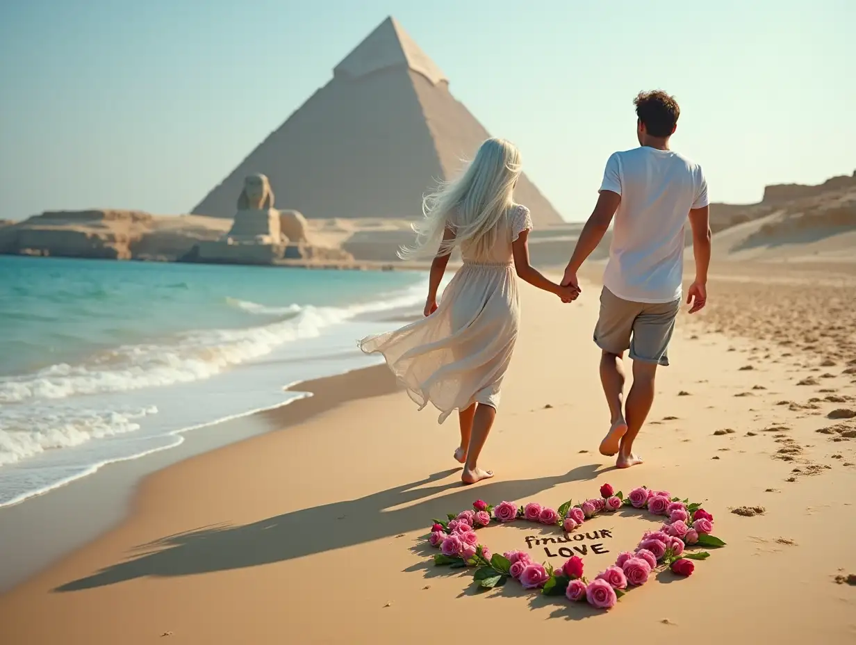 A beautiful girl with long white hair and blue eyes holds hand with a handsome boy they run together by the sand near the sea and sphinx from Egypt and Giza pyramid in the background and on the sea inscription from waves find your love and heart of roses on sand