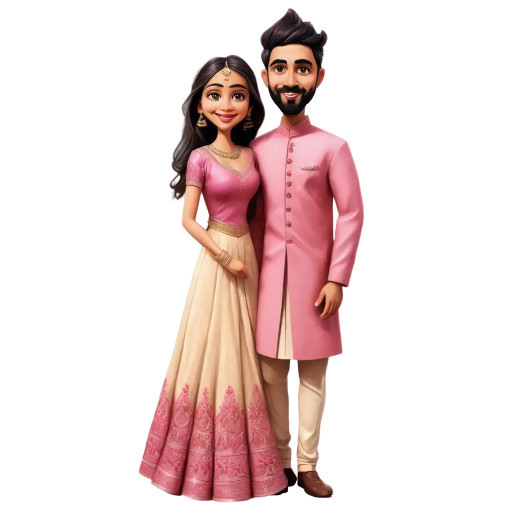 Stunning-Indian-Wedding-Caricature-PNG-Featuring-Bride-in-Pink-Lehenga-and-Groom-in-Beige-Sherwani