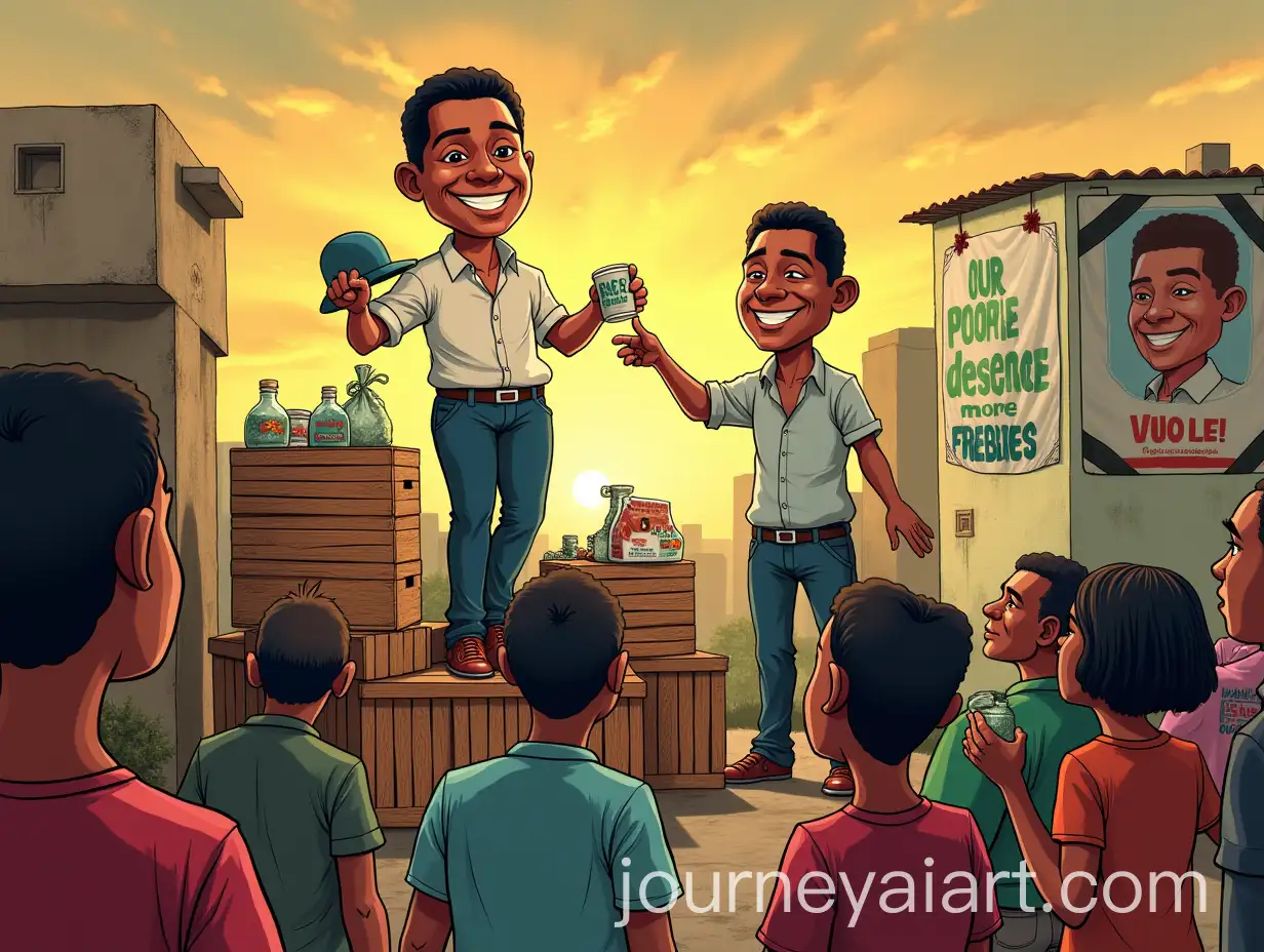 Politician-Distributing-Gifts-in-Brazilian-Poor-Neighborhood-with-Corruption-Symbolism