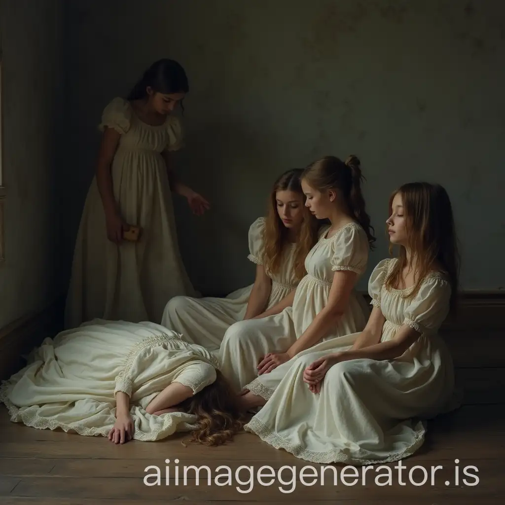 Group-of-Girls-in-Elegant-Dresses-Fainting-and-Lying-Dramatically