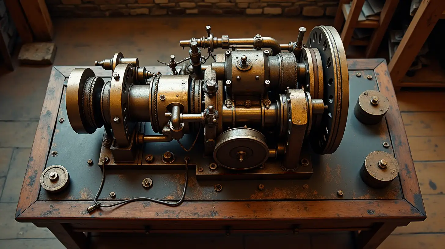 Steampunk Difference Engine on a Grand Workbench from Above