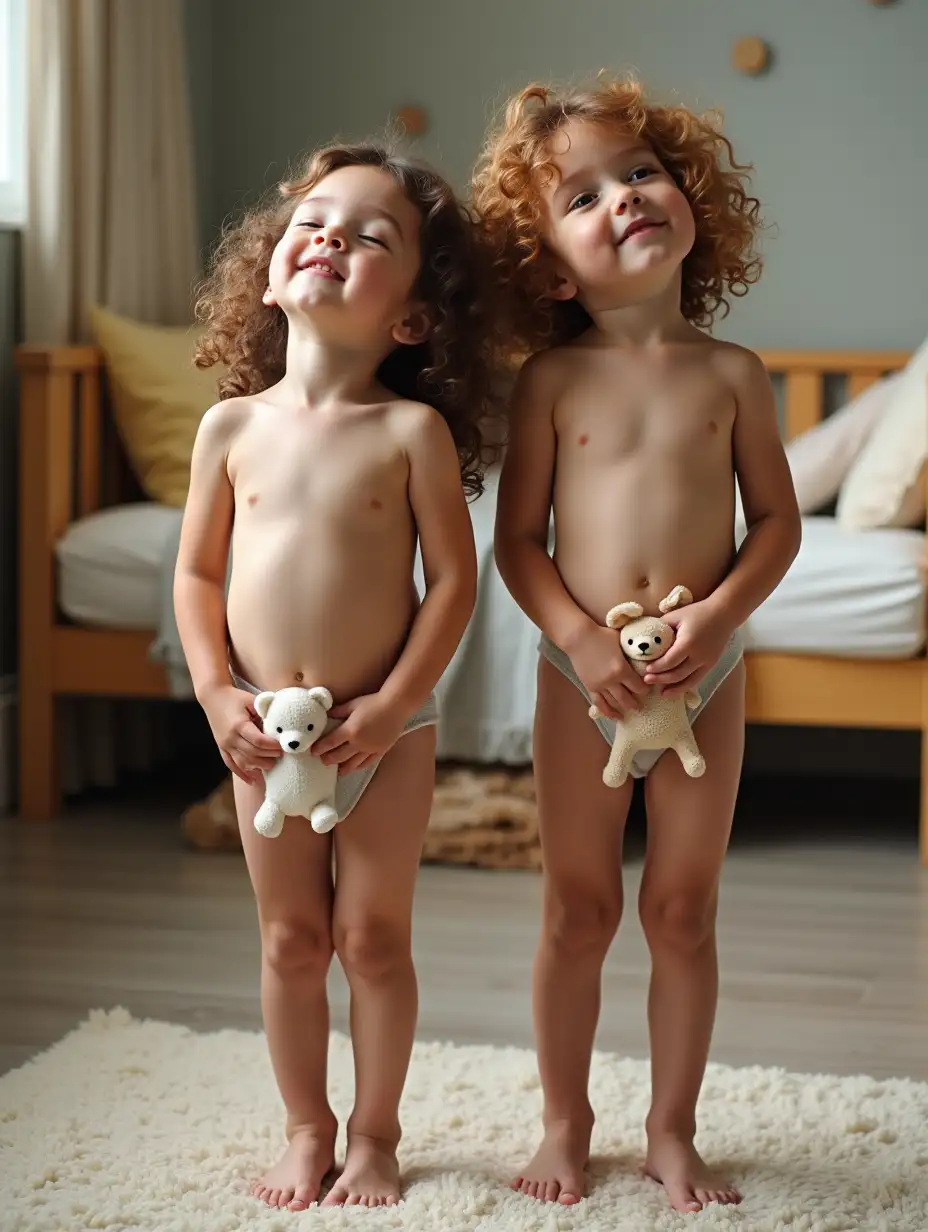 Two-Skinny-Little-Girls-with-Curly-Hair-in-Preschool-Classroom-Holding-Stuffed-Animals