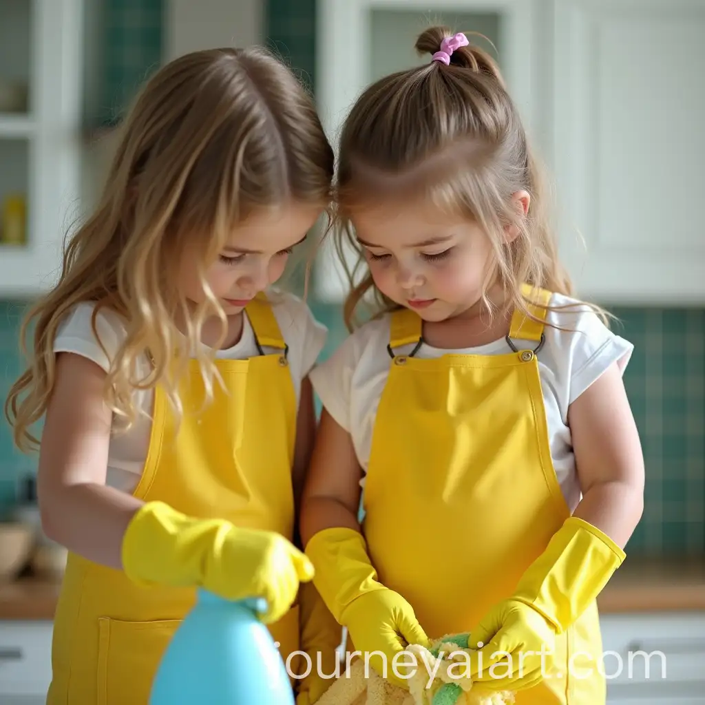 Mother-and-Daughter-Cleaning-Together-in-Yellow-Rubber-Gloves