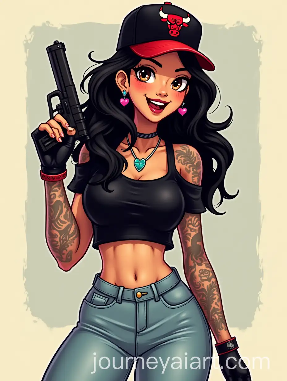 Flirty-Woman-in-Chicago-Bulls-Snapback-with-Black-and-Red-Color-Scheme-Tattoos-and-Accessories