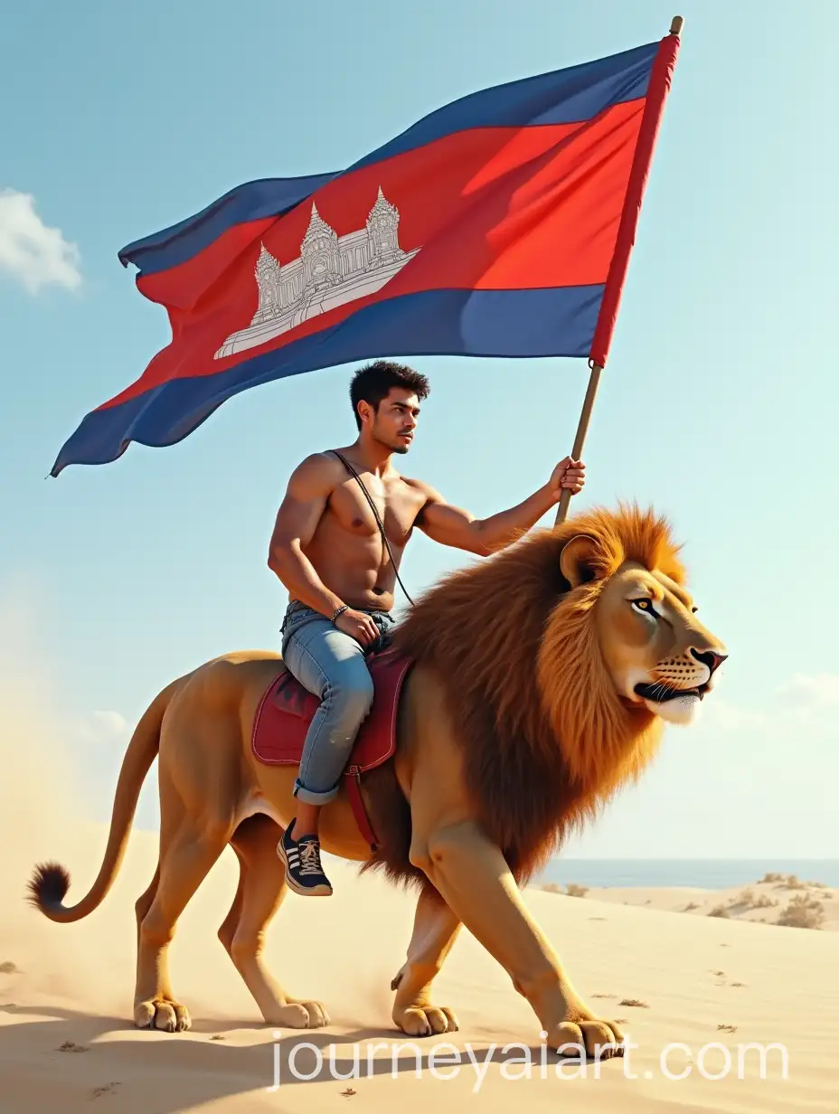Man-Riding-Lion-with-Cambodian-Flag-on-Sand