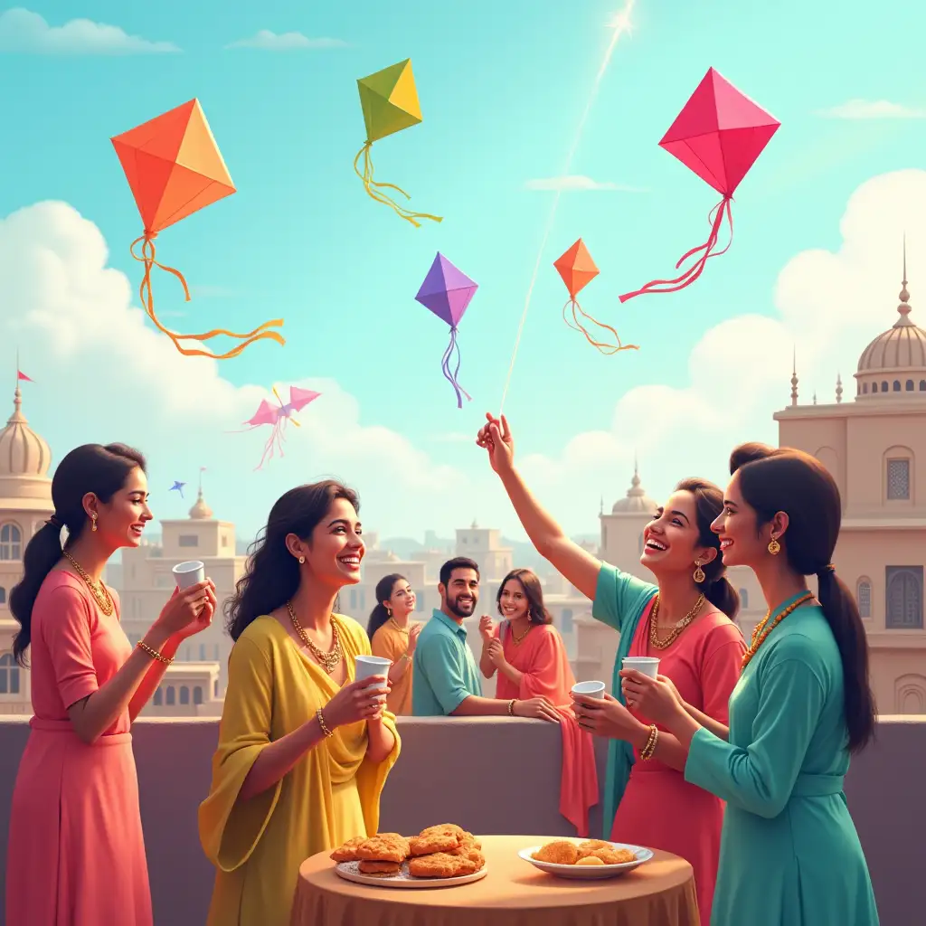 A lively rooftop scene during Uttarayan in Gujarat, with colorful kites soaring high in the sky. People are smiling, holding kite strings, and enjoying the festive atmosphere, while snacks like undhiyu and jalebi are placed on a small table.