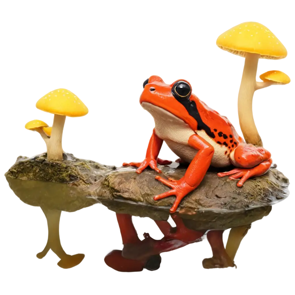 Red-Frog-on-Yellow-River-with-Yellow-Mushrooms-PNG-Vibrant-HighQuality-Image-for-Creative-Projects