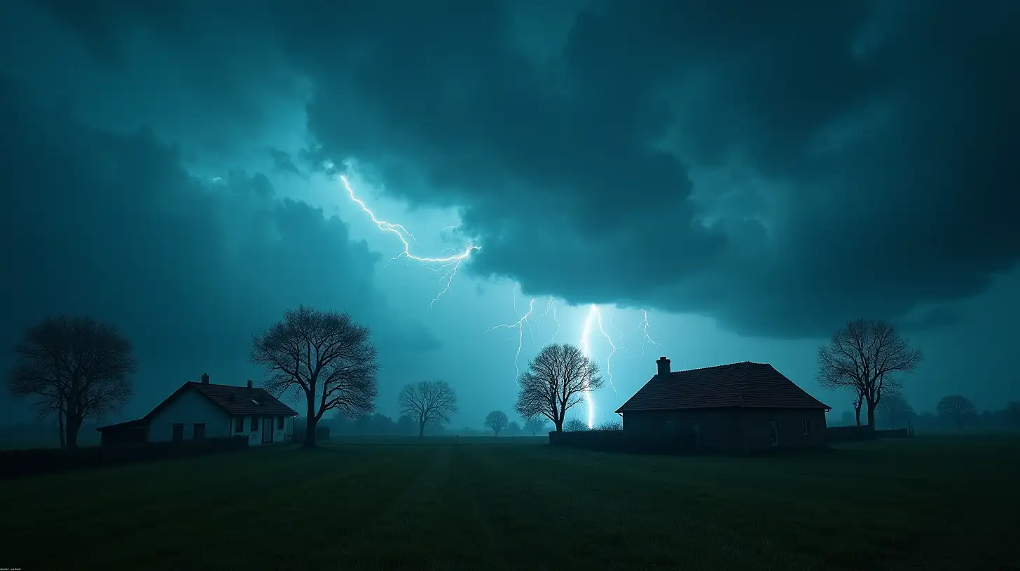 Village Landscape in a Severe Storm with Dark Skies and Bent Trees