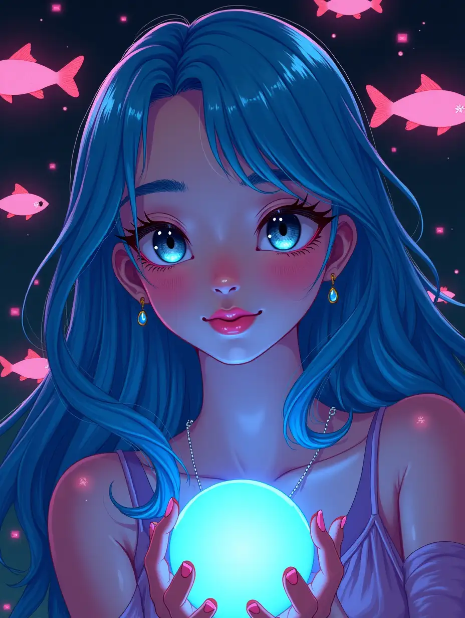 Portrait of a sweet Indonesian girl in synthwave style, neon hues, geometric shapes, dreamy nostalgia, limited color palette, bold outlines, glowing highlights, shimmering orb, floating amidst glowing fish, heart-shaped face, almond-shaped eyes upward tilt, reflecting underwater magic, small nose, subtle button tip, full slightly parted lips, soft smile, hint of East Asian features, realism fairy influence, vibrant blue hair, ir