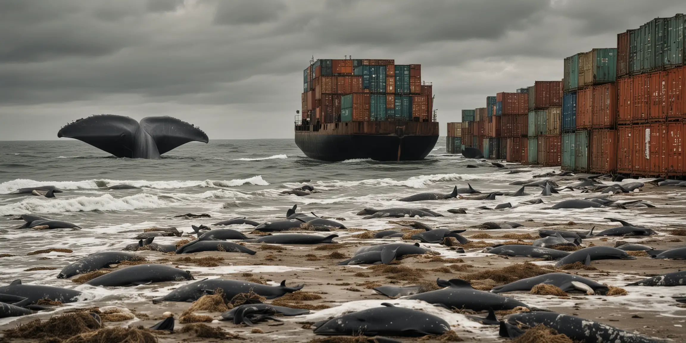 Ocean Bed Scene with Giant Human Ears Shipping Containers and Dead Whales