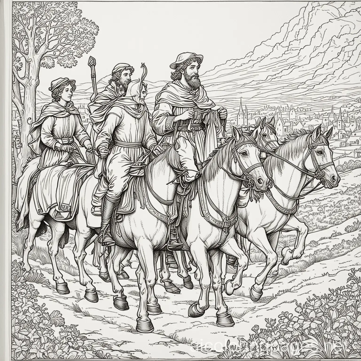 Illustration-of-Pilgrims-on-Journey-Black-and-White-Coloring-Page