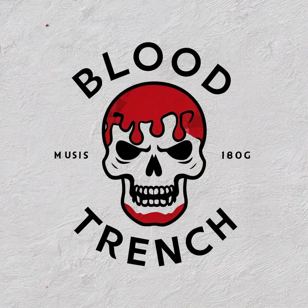 a vector logo design,with the text "Blood Trench", main symbol:Minimalistic angry skull covered in blood,Minimalistic,be used in Music industry,clear background