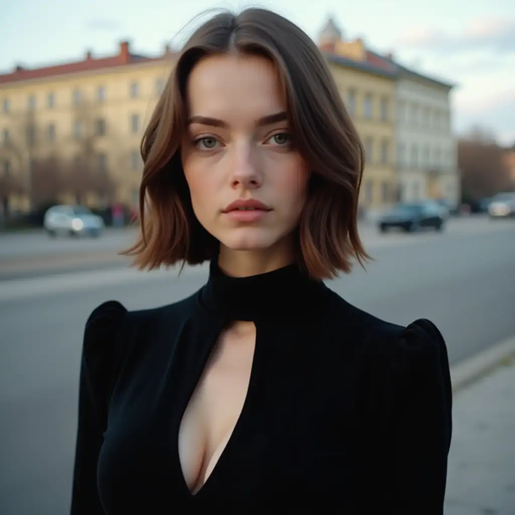 The image is a portrait of a young woman with shoulder-length brown hair. She is wearing a black dress with a high neckline and long sleeves. The dress has a deep V-neckline with a cut-out detail at the neckline. The woman is looking directly at the camera with a serious expression on her face. The background is a russian city. The lighting is soft and natural, highlighting the woman's features. The overall mood of the image is elegant and sophisticated.