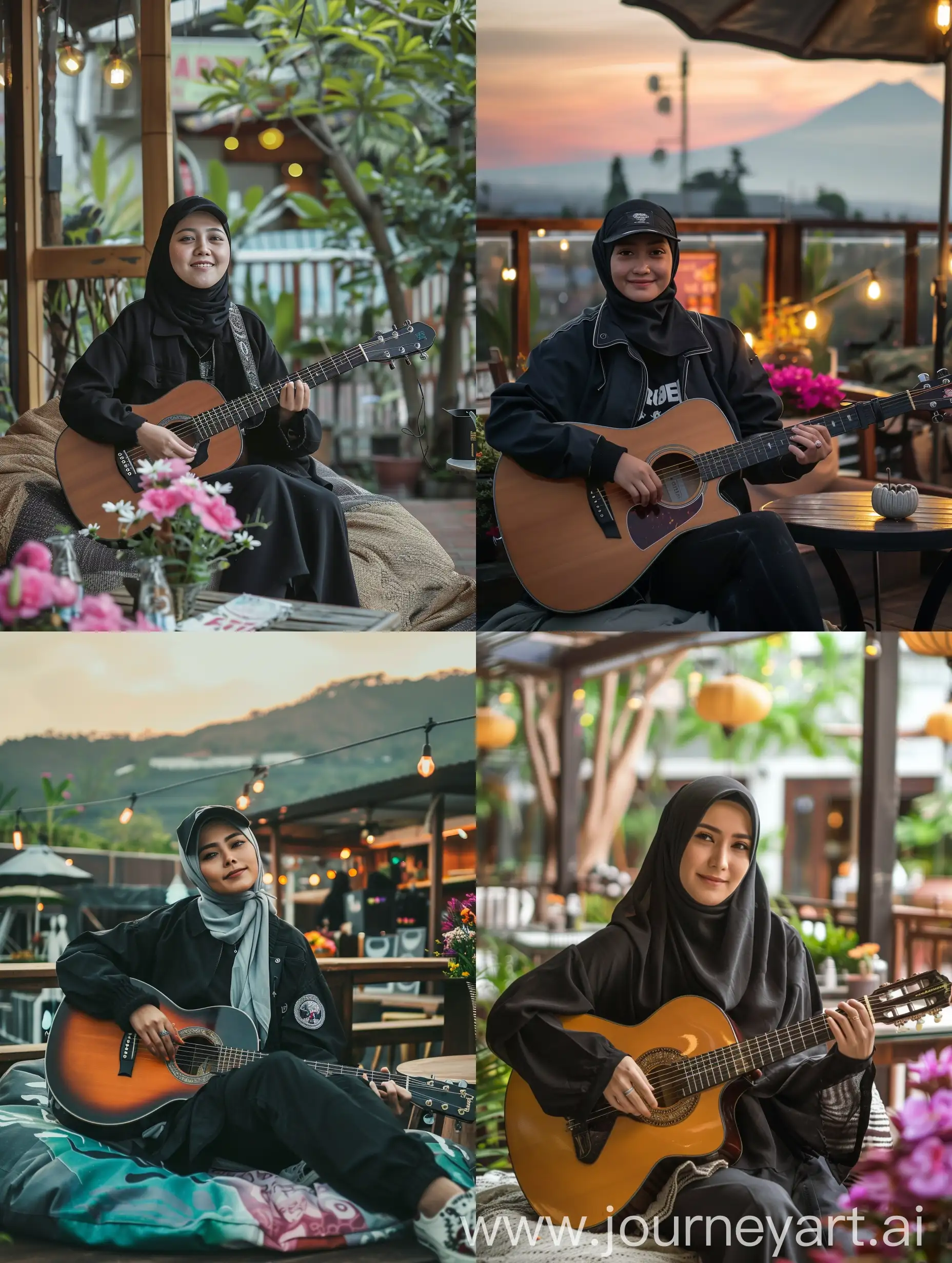 Young-Indonesian-Woman-Playing-Guitar-on-Restaurant-Terrace-with-Mount-Semeru-View