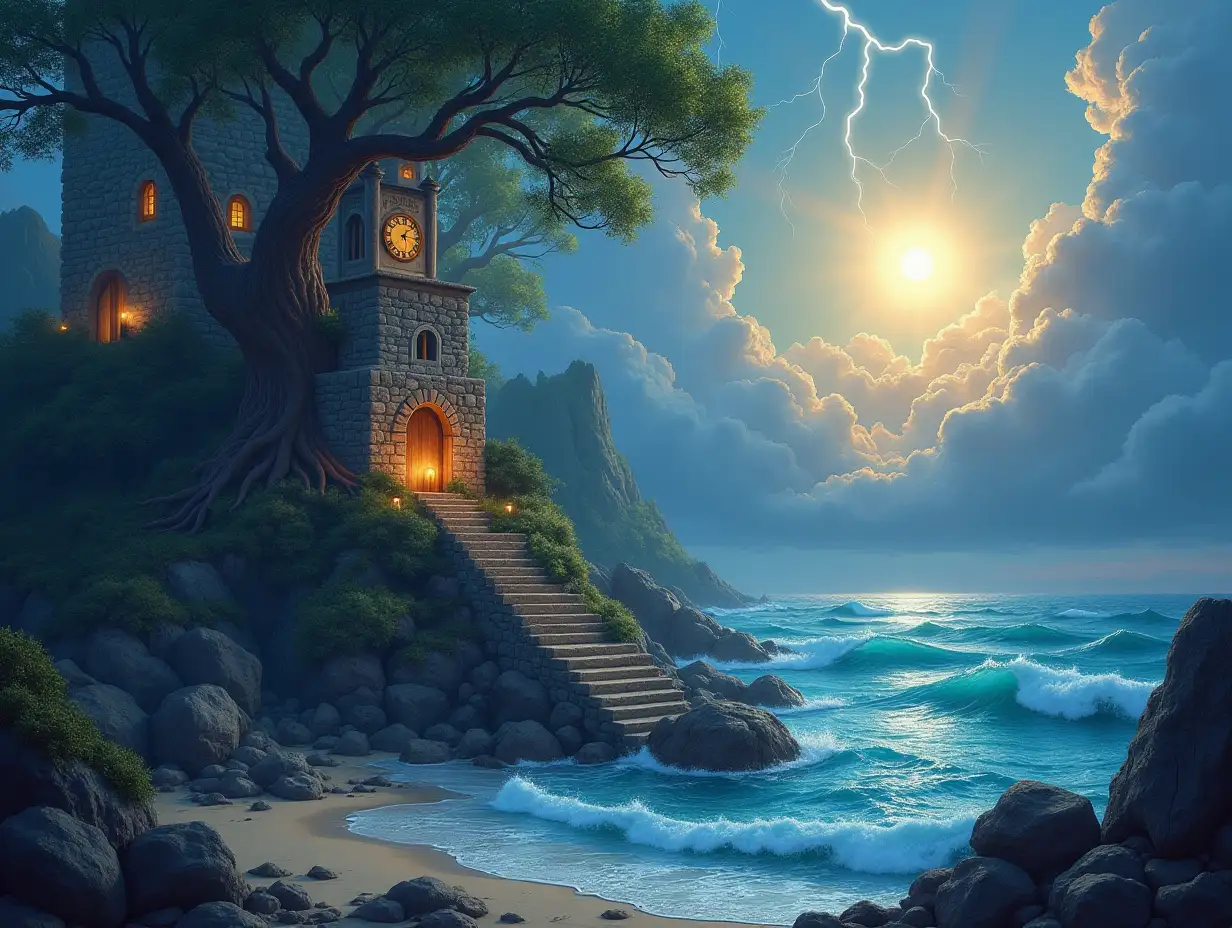 Creating a digital painting a hand with a building with stones and lighting. Trees with roots and rocks and a lamp far below is the sea, with large clock.a big tower,sky,Lanterns and and the sun shines through the clouds,from Sea there is a stairway to Heaven Very large waves and lightning