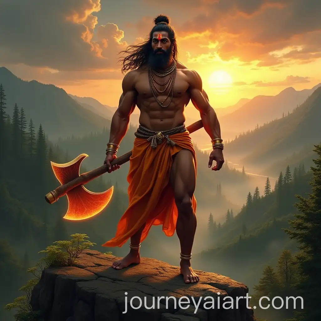 Lord-Parshuram-Standing-on-Hilltop-with-Battle-Axe-Surrounded-by-Mythical-Landscape