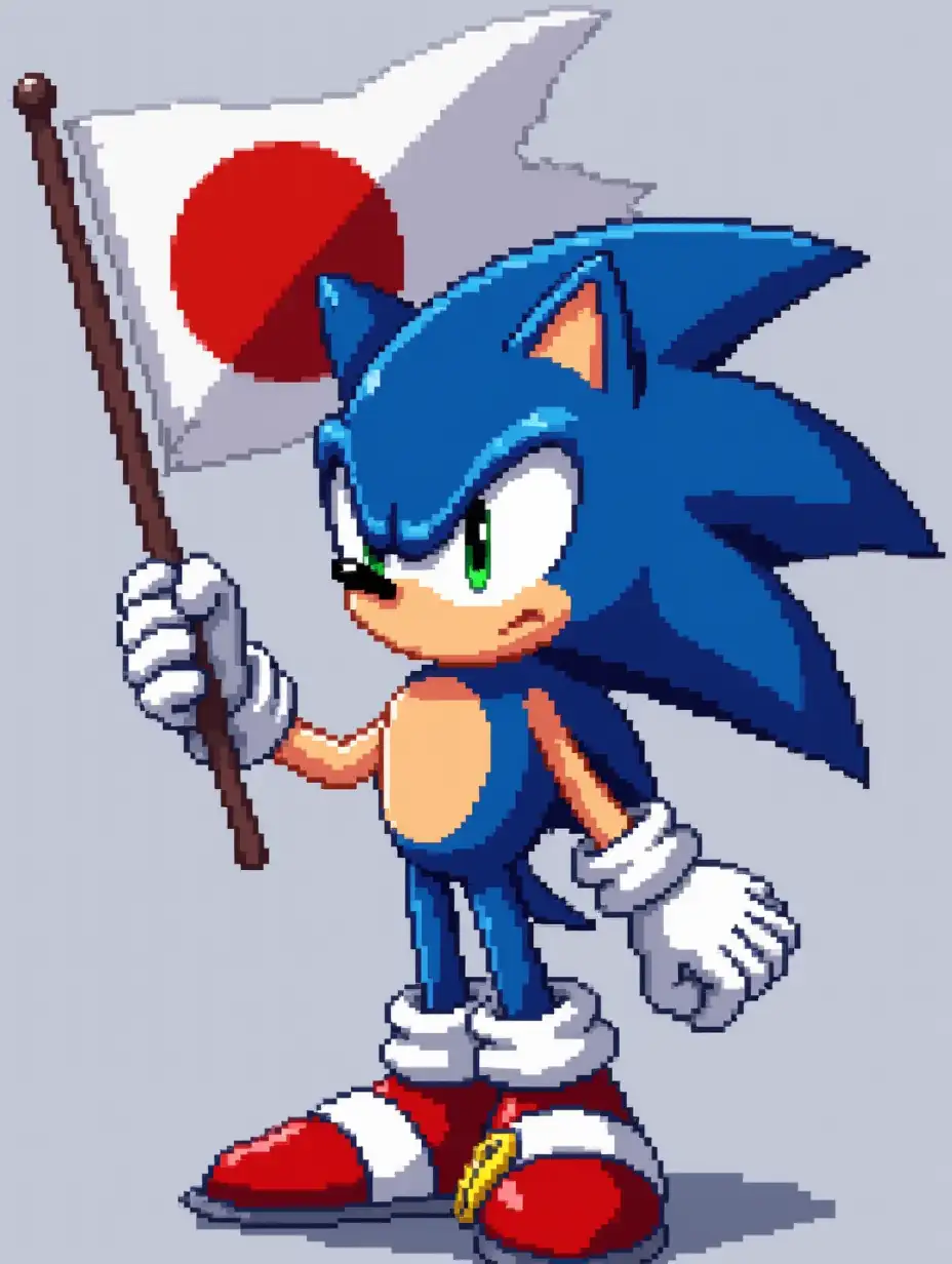 pixel art, Sonic the hedgehog holding the Japanese flag and looking sad