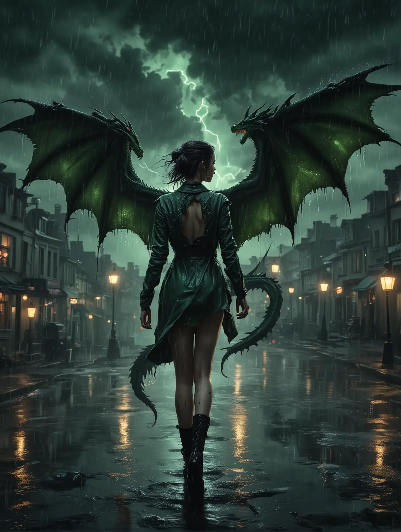 Girl-with-Dragon-Tattoo-in-Stormy-City-Night-Thunder-and-Green-Dragon-Exhaling-Flame