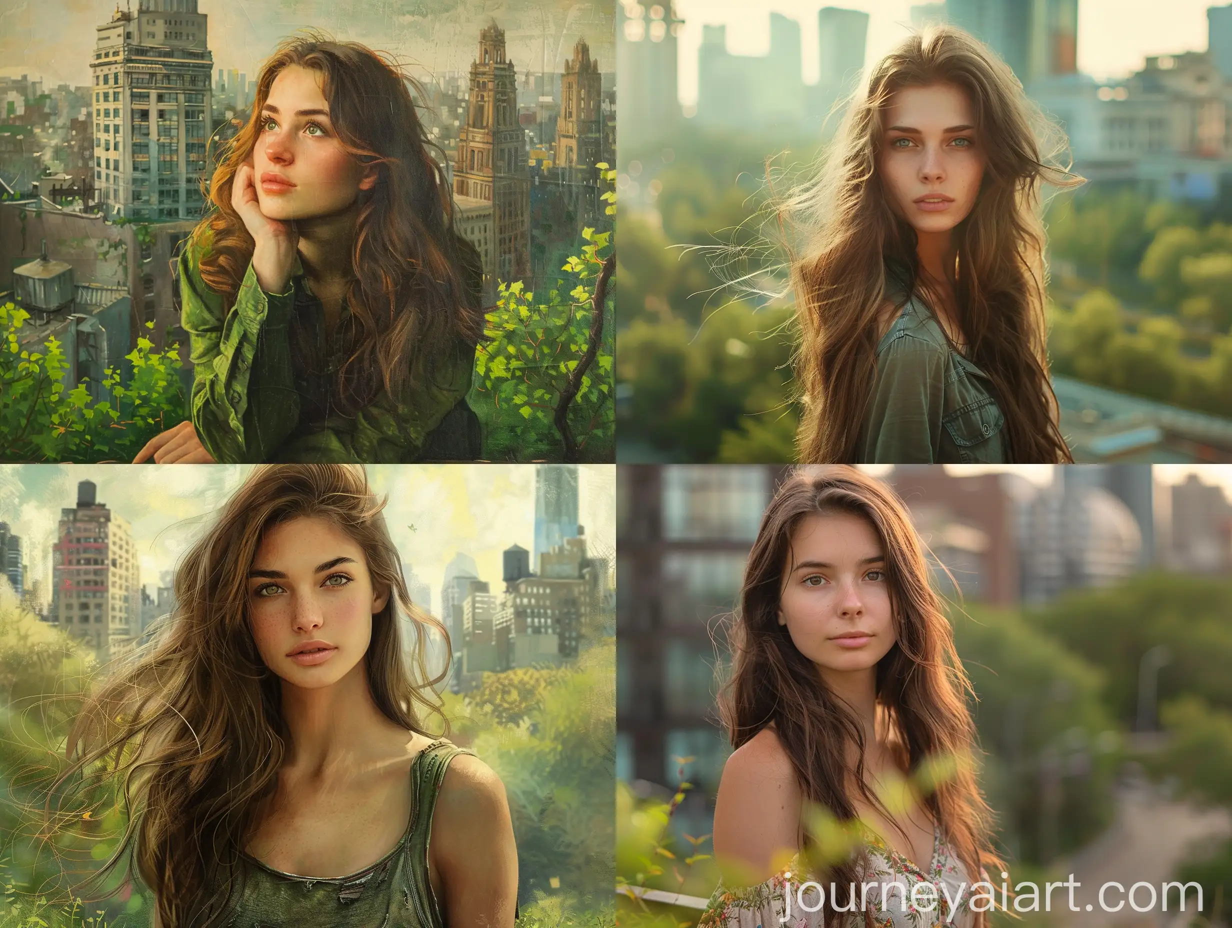 Casually-Dressed-Young-Woman-with-Long-Brown-Hair-in-Urban-Green-Cityscape