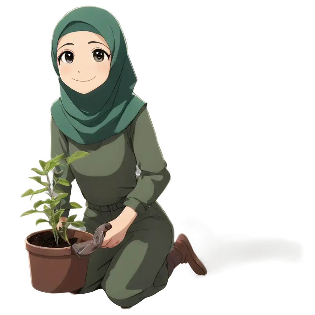 Anime-Character-Wearing-a-Hijab-While-Gardening-PNG-HighQuality-Image-for-Diverse-Uses