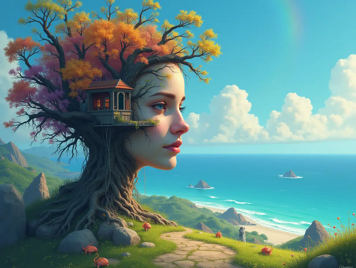 Creating a digital painting transforms a face with rainbow hair into a building with stones and trees with roots and rocks and lanterns by the sea, strange creatures – aliens on a meadow with a rainbow-blue sky