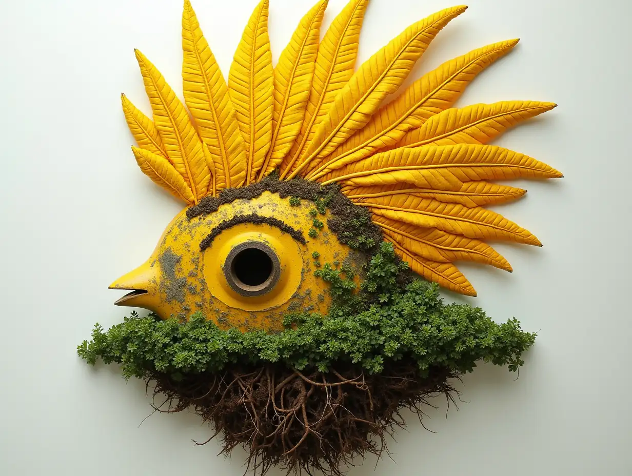 Face from Yellow Rooster Comb. with Leaves and Roots transformed into Building