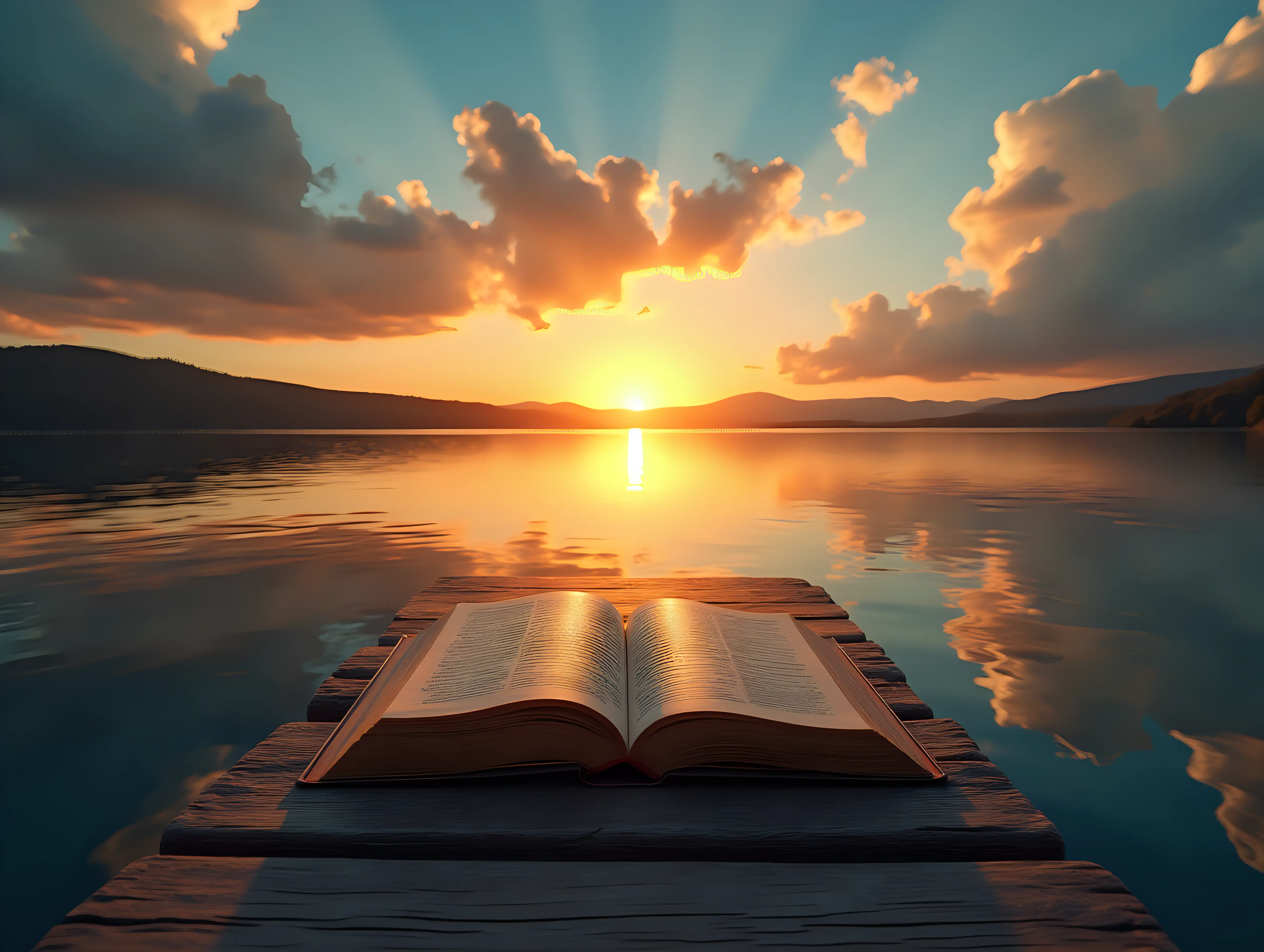 wide view , Create a surreal image of an open book placed on a wooden dock overlooking a calm lake during sunset. The pages of the book seamlessly transform into a continuation of the dock, leading towards the glowing horizon where the sun is setting. The sky is painted with vibrant hues of orange, yellow, and blue, with dramatic clouds adding depth and texture. The scene evokes a sense of wonder, imagination, and the infinite possibilities of storytelling.