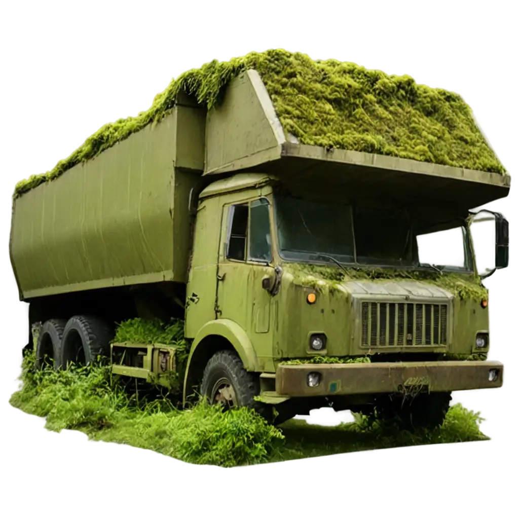 Abandoned dump truck covered in moss