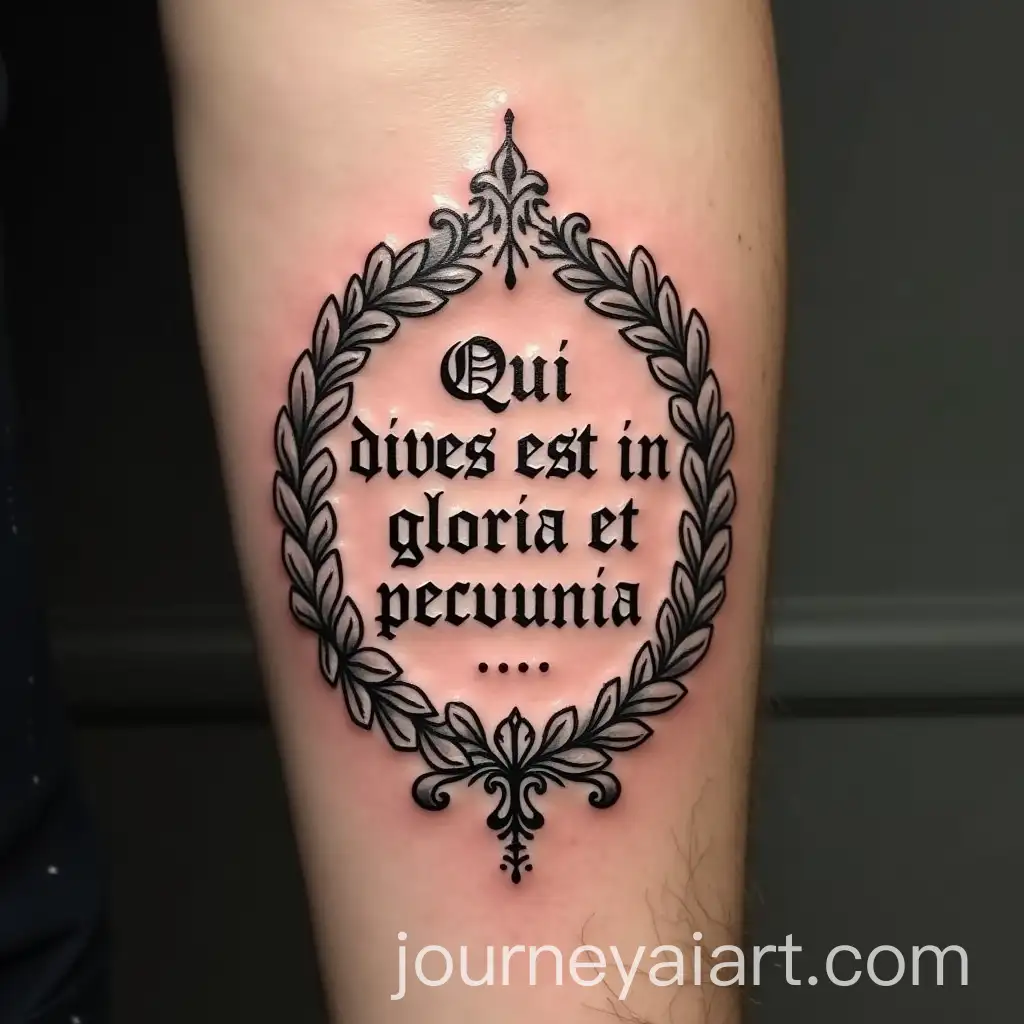 Custom-Tattoo-Design-Featuring-Latin-Phrase-Qui-dives-est-in-gloria-et-pecunia