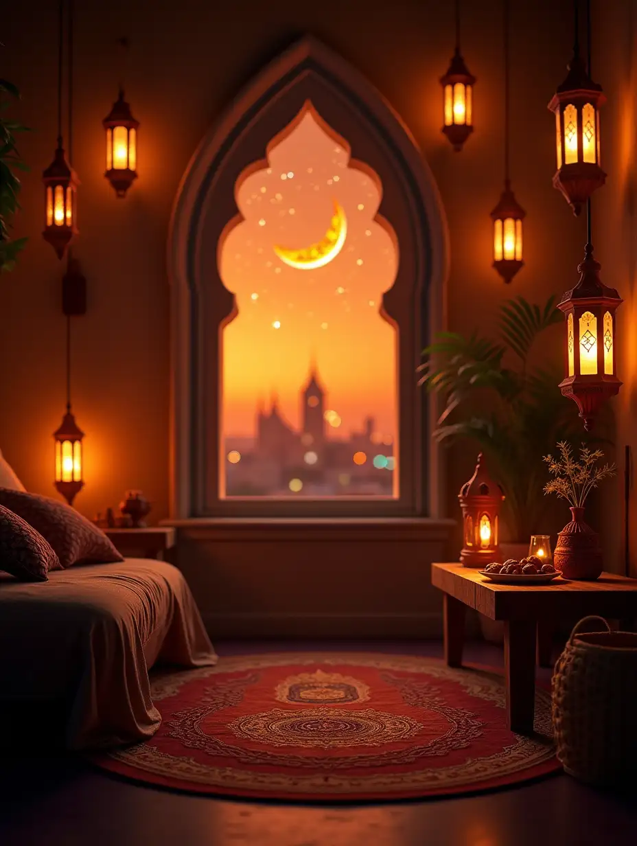 user_prompt: The background: a room with Ramadan decorations, including hanging lanterns and crescent moon lights to create a Ramadan atmosphere.nEmpty: In the middle of the image, an attractive and warm color scheme with definitely necessary and cozy vibes.nLighting: A set of new and orange lighting to give a sense of Ramadan warmth, with a radial light effect coming from the crescent moon window and stars in the sky.nAdditional element: A small table next to it with a Ramadan drink (Indian date or Qamar al-Din) and a plate of dates and a small lamp. HR giger style Salvador Dali style glowing iridecent whimsical macabre enchanting beautiful elegant alluring 