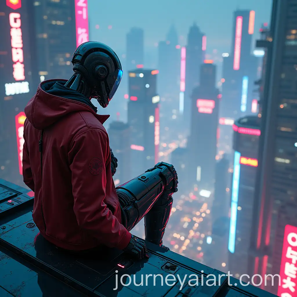 Cyberpunk-Robot-onCyberpunk-Robot-Skyscraper-View-Skyscraper-Overlooking-Futuristic-Neon-City-at-Night