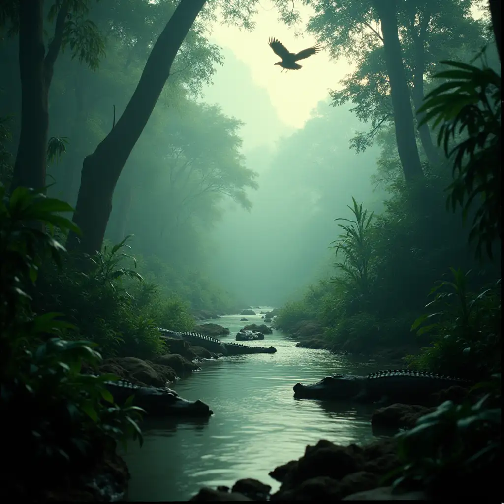 A dense jungle scene with towering trees and thick, misty air. A vast river winds through the greenery, with wildlife like exotic birds and crocodiles lurking nearby. In 1950s film screengrab, 1950s Super Panavision 70 film stock, 70 mm film scratches, vintage retro beautiful cinematography in colour, grainy, AR 16:9, v.6.0.