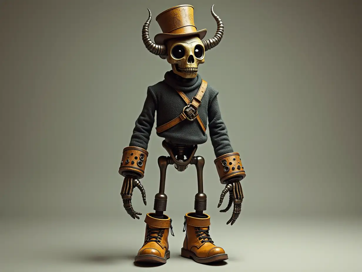 Create a high-resolution, realistic image of a robot with a skeleton body, golden leather boots and head, a sweater, a -Top hat and a horn  in 4K resolution (Steampunk 8K quality)