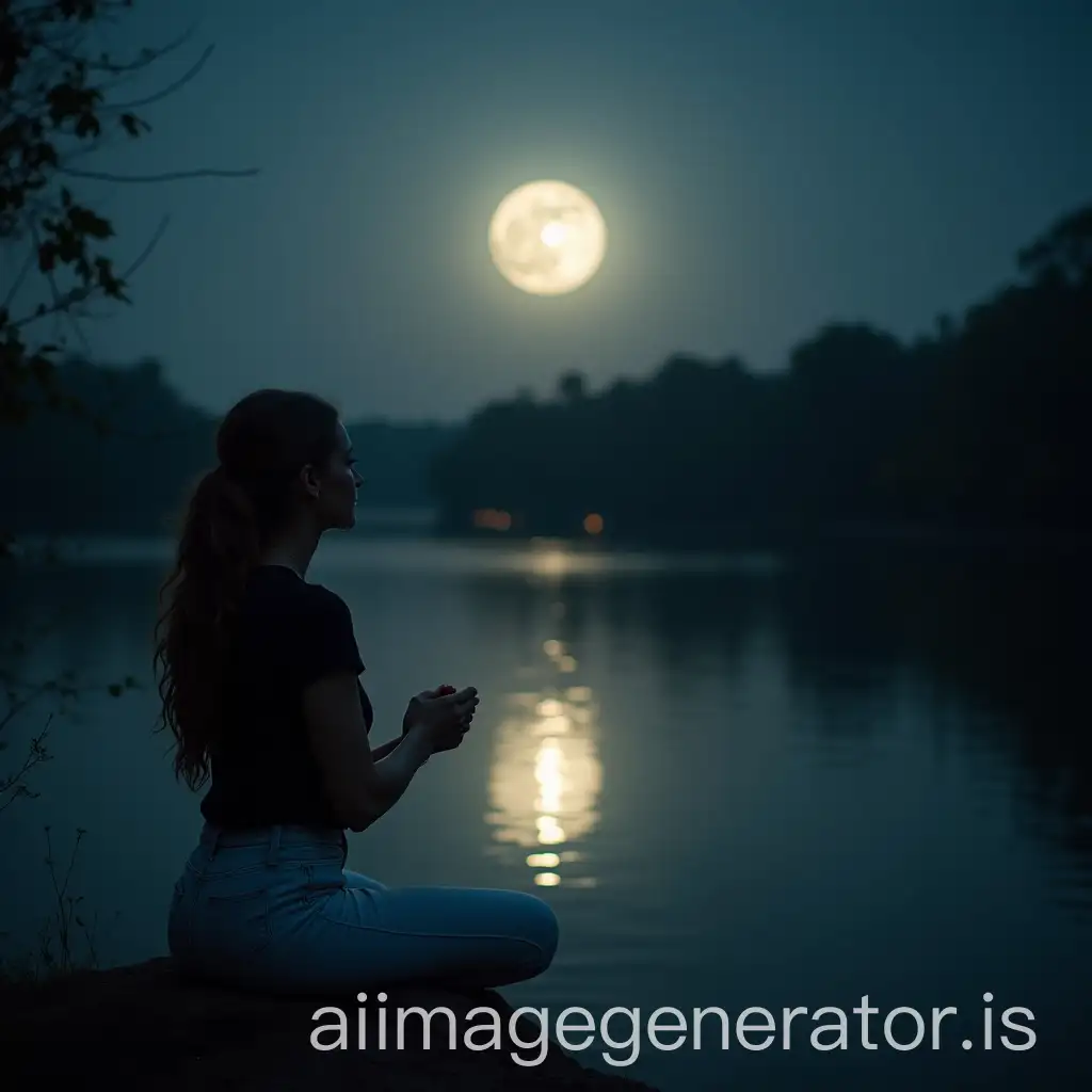 Beautiful-Woman-Praying-Under-Moonlight-by-River-in-White-Jeans-and-Black-TShirt