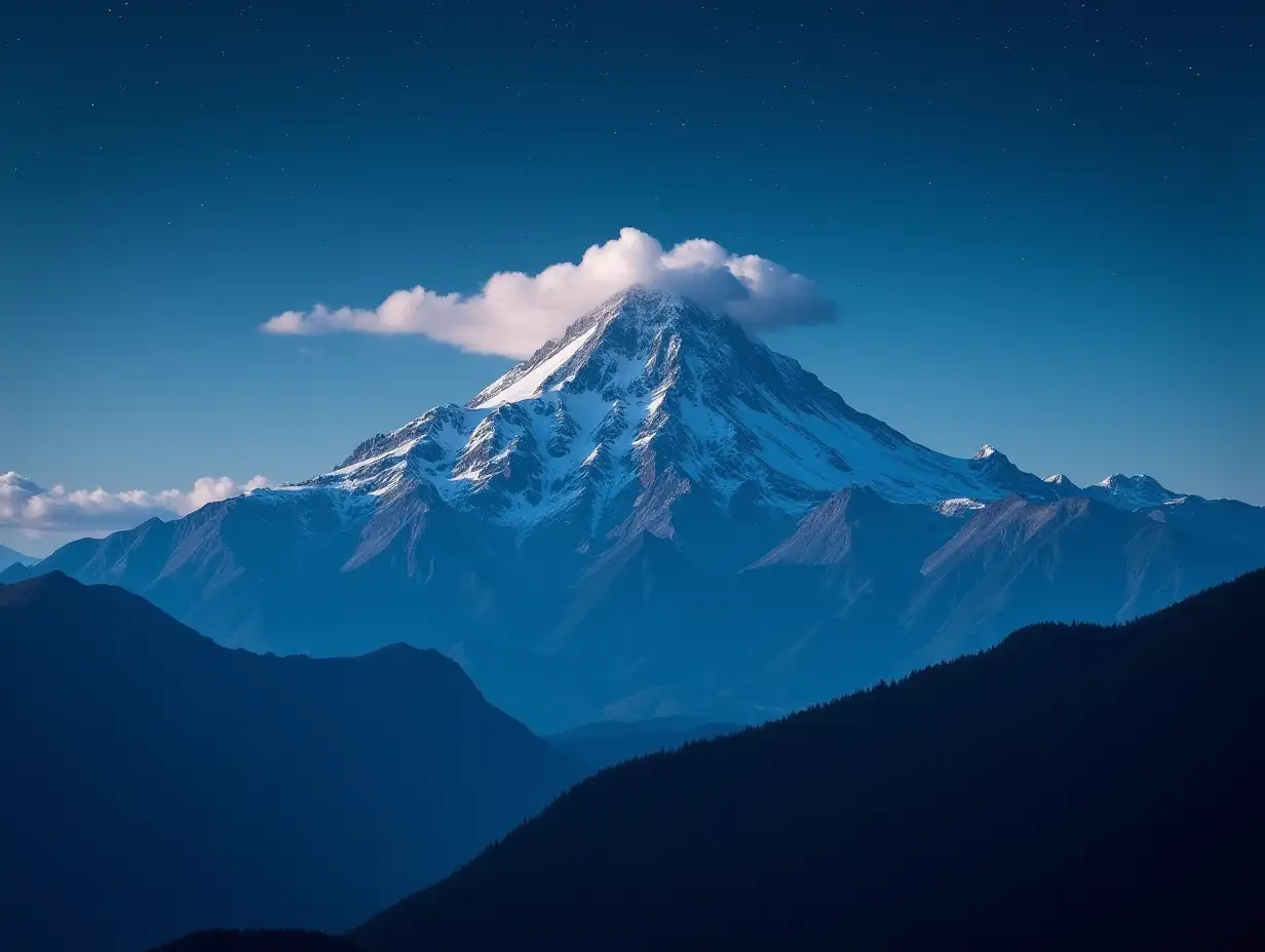 a mountain range with a starry night sky that culminates into one big mountain with a peak that has clouds on it zoomed in a bit more