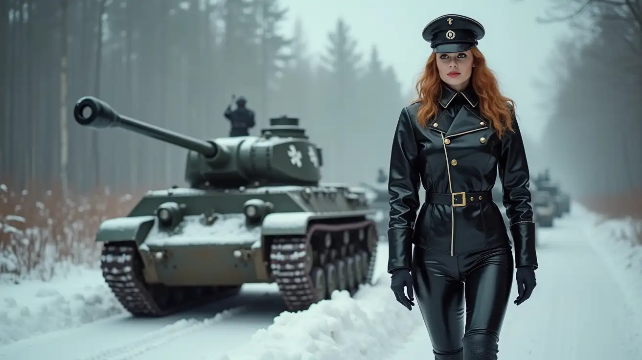 WWII-BDSM-Mistress-in-Shiny-PVC-Attire-on-Snowy-Battlefield