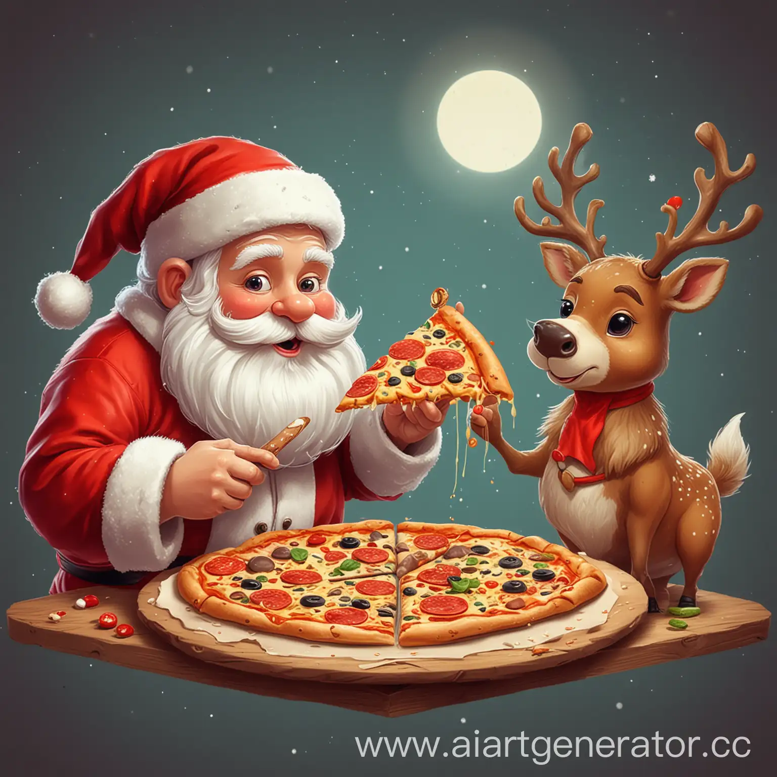 vector cute santa and a reindeer eating pizza