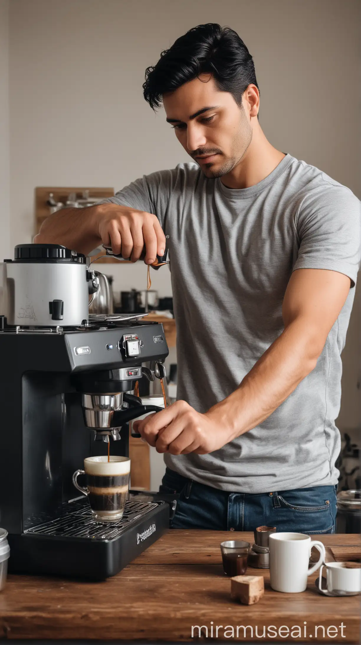 Man Making Coffee with Old Coffee Machine