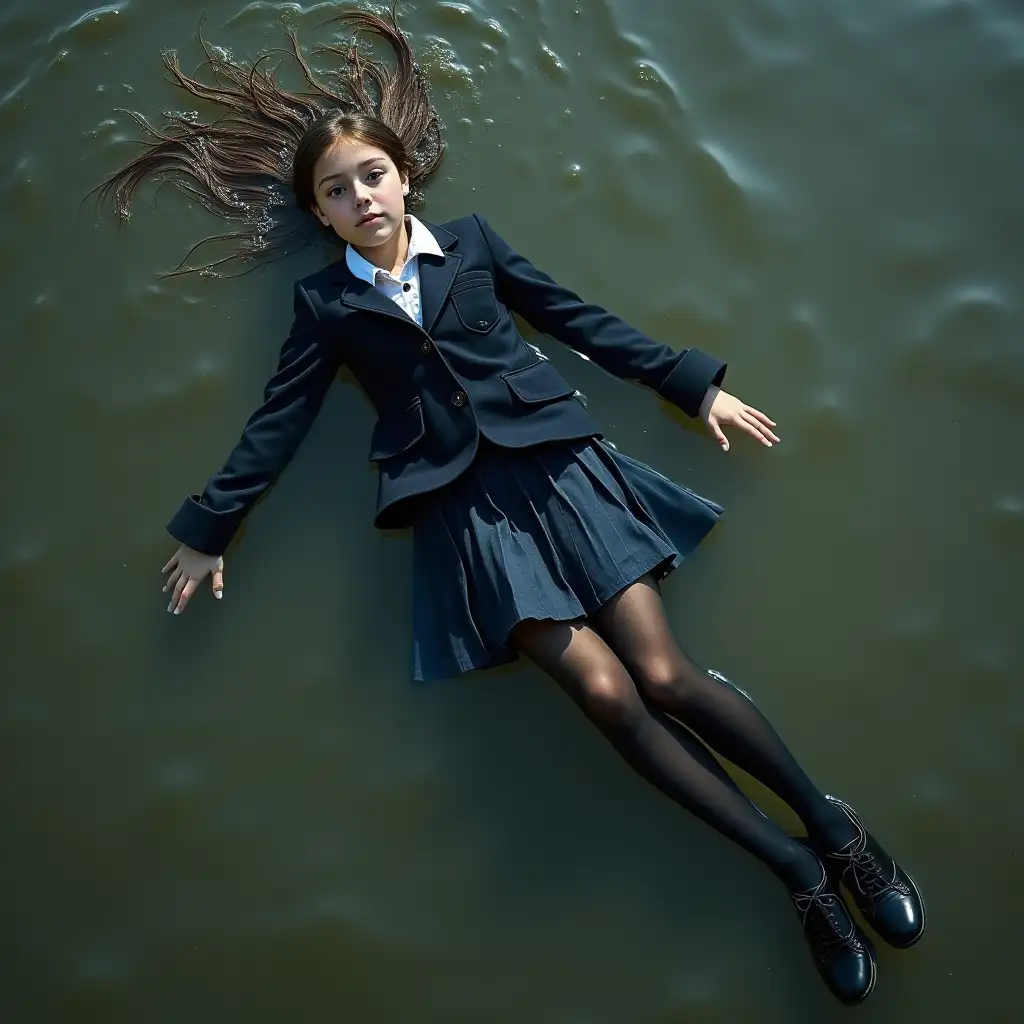 A schoolgirl girl in a school uniform suit with a jacket(wet, underwater), skirt(wet, underwater), blouse(wet, underwater), dark tights(wet, underwater), and high-heeled shoes(wet, underwater). Swimming in a dirty pond. Lying in the water.  Clothes looks wet.