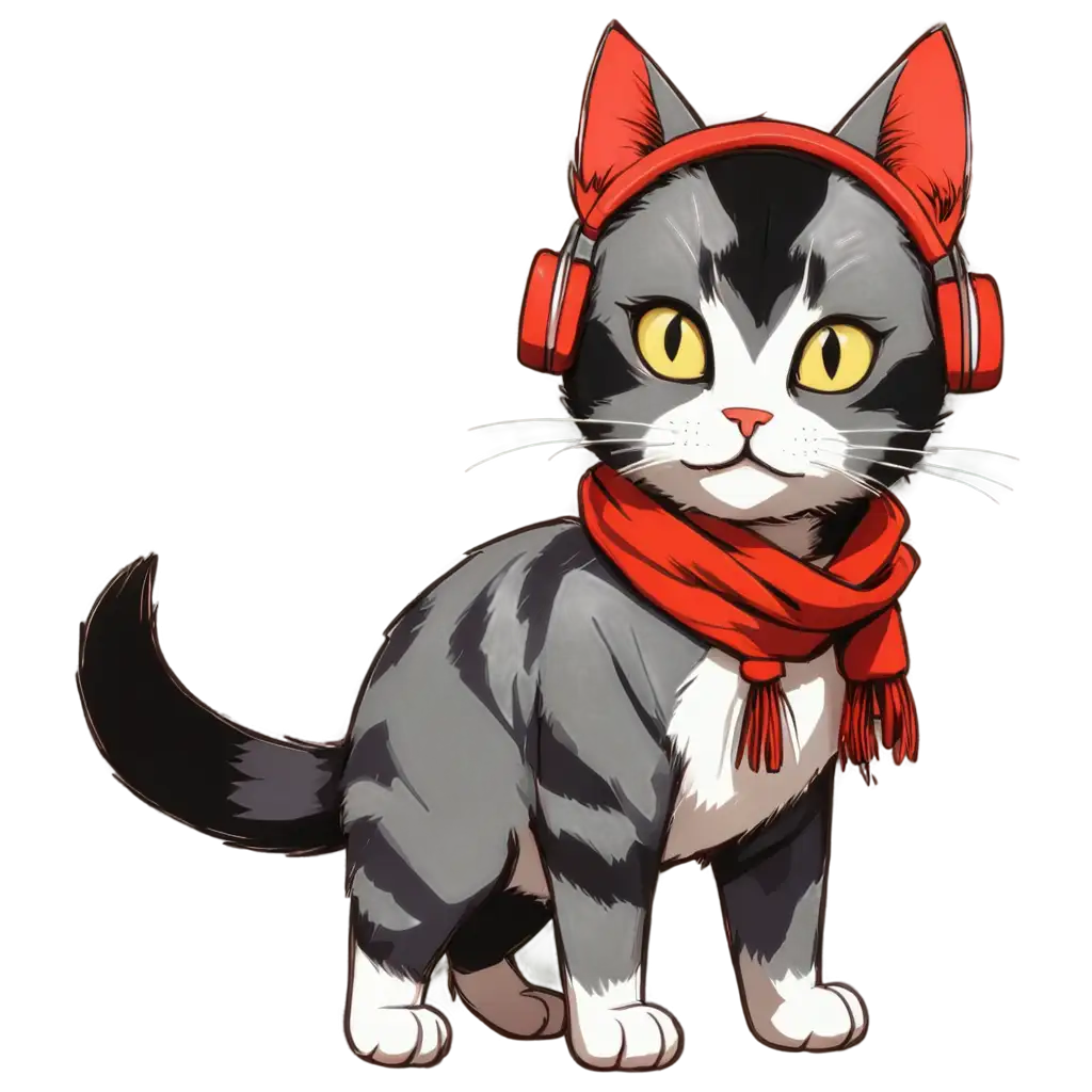 CyberPatchwork-Manga-Cat-PNG-with-Red-Scarf-and-Headphones-Unique-Digital-Artwork-for-Various-Applications