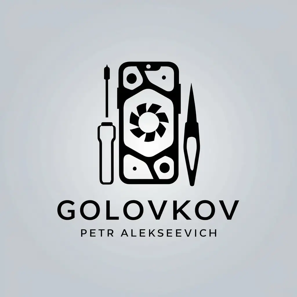 a vector logo design,with the text "GOLOVKOV PETR ALEKSEEVICH", main symbol:IPHONE 15 PRO MAX tweezers screwdriver,complex,be used in Technology industry,clear background