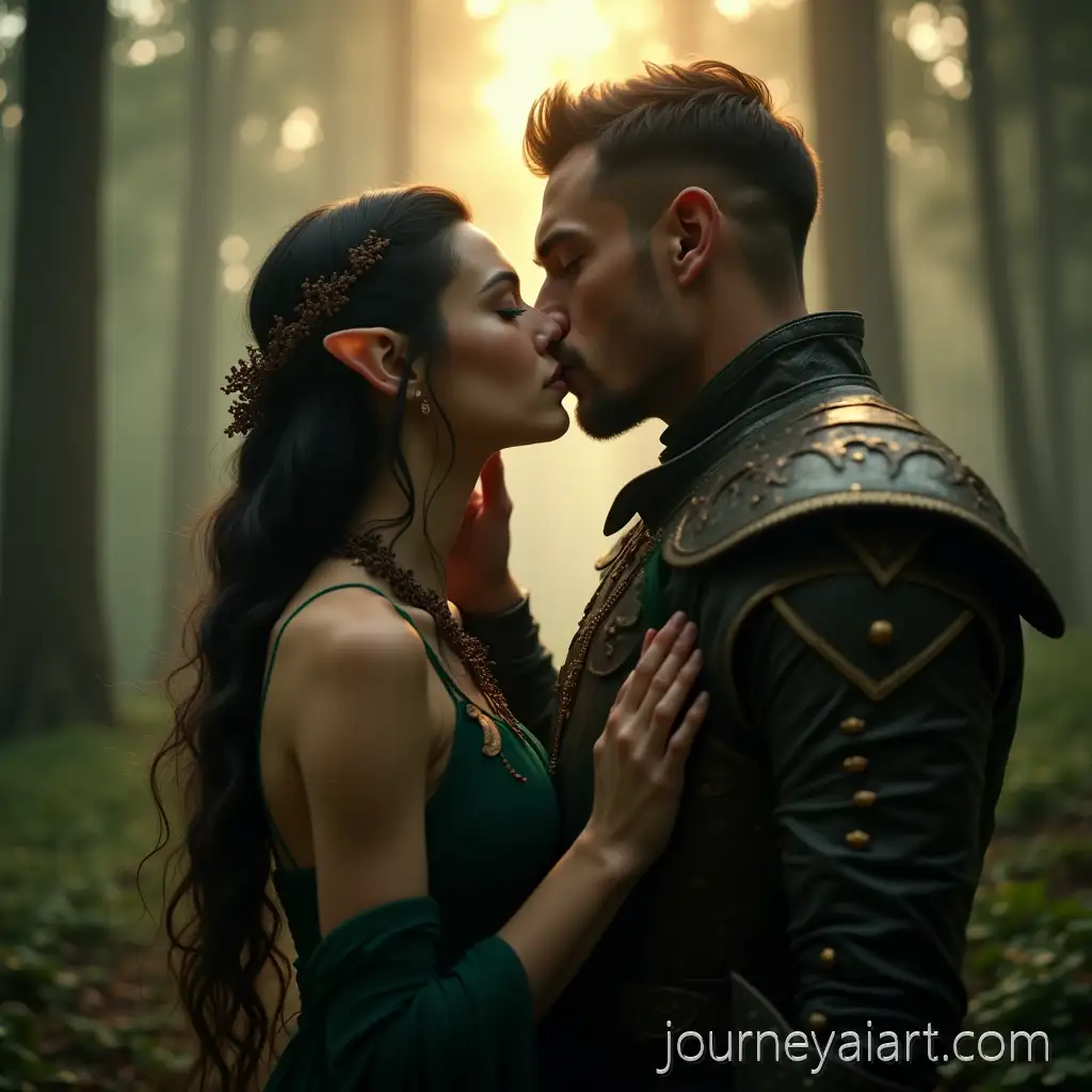 Elven-Lovers-Kissing-in-a-Misty-Enchanted-Forest-at-Dawn