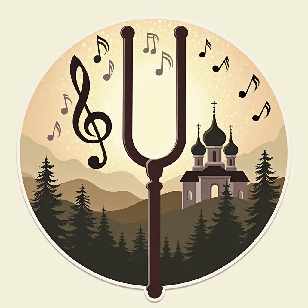 The logo features a tuning fork that stands out in the foreground. The background depicts musical notes, symbolizing sound, and an Orthodox church, creating an overall artistic context.